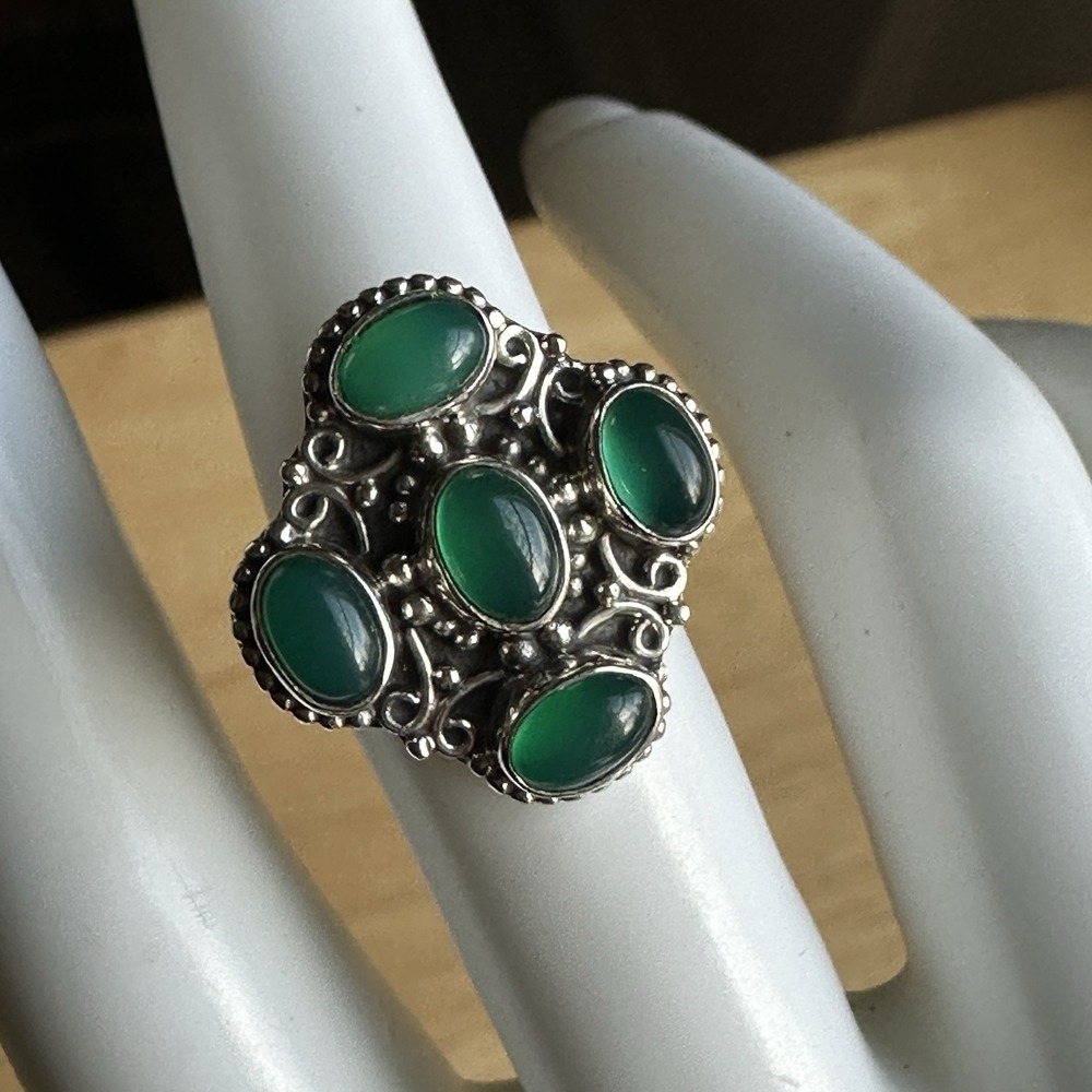 Vintage Accent Ring Women's Size 7‎ Green Onyx Floral Ornate 925 Sterling 4.5g